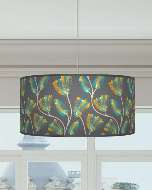 Bold Floral Lampshade Mustard Yellow Teal Grey Ceiling Light Drum Lamp Shade dz81