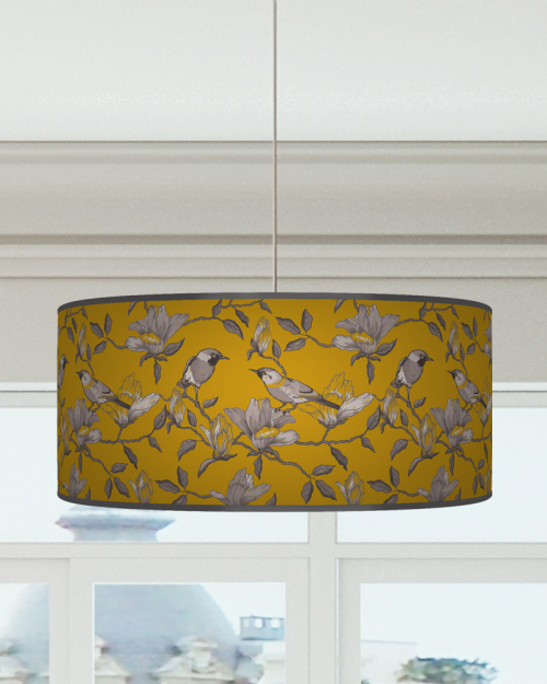 Garden Birds Lampshade in Mustard Grey Ceiling Light Drum Lamp Shade dz64
